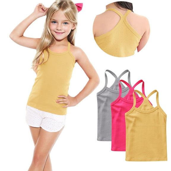 OGLCCG 3 Pack Girls Tank Top Toddler Spaghetti Strap Y Back Training Sleeveless Undershirts Cotton Solid Color Cami Dance Tank Tops 12M-13Y