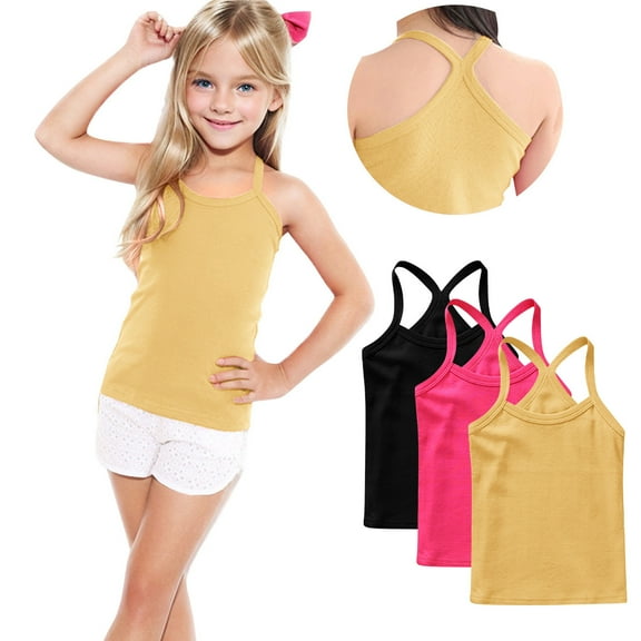 OGLCCG 3 Pack Girls Tank Top Toddler Spaghetti Strap Y Back Training Sleeveless Undershirts Cotton Solid Color Cami Dance Tank Tops 12M-13Y