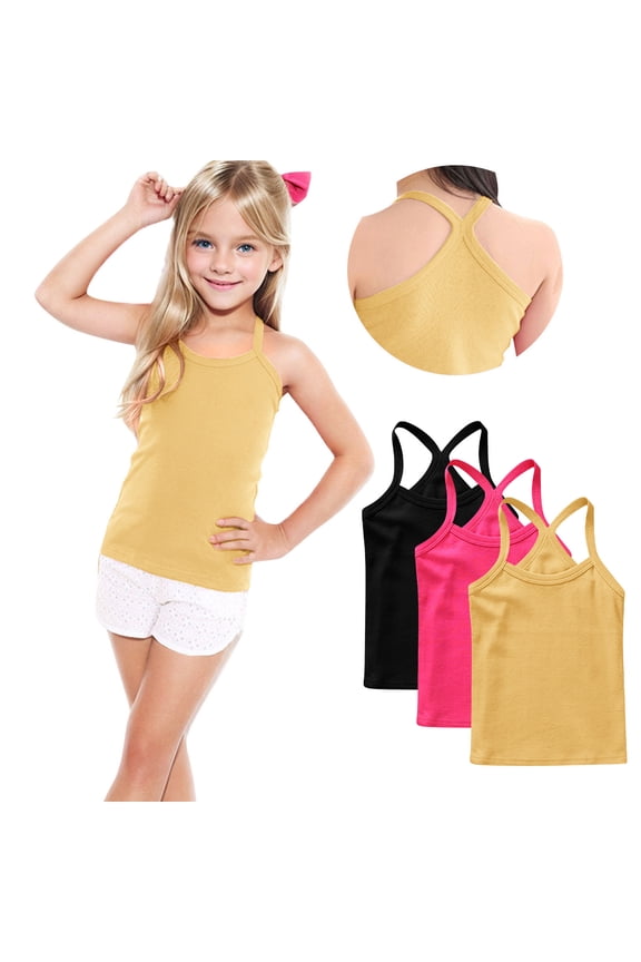 3 Pack Girls Tank Top Toddler Spaghetti Strap Y Back Training Sleeveless Undershirts Cotton Solid Color Cami Dance Tank Tops 12M-13Y