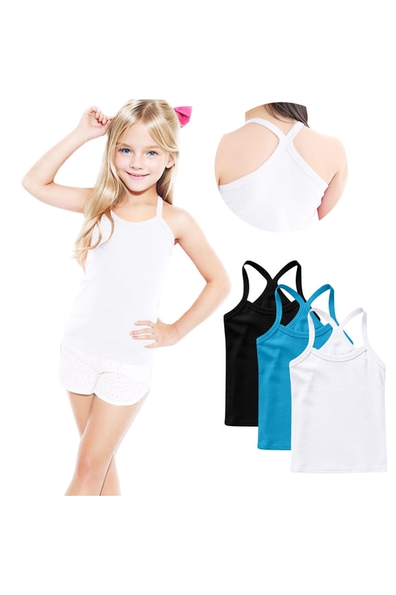 3 Pack Girls Tank Top Toddler Spaghetti Strap Y Back Training Sleeveless Undershirts Cotton Solid Color Cami Dance Tank Tops 12M-13Y