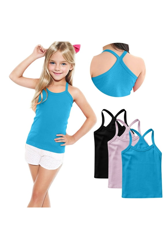 3 Pack Girls Tank Top Toddler Spaghetti Strap Y Back Training Sleeveless Undershirts Cotton Solid Color Cami Dance Tank Tops 12M-13Y