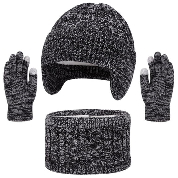 OGLCCG 3Pcs Boys Girls Winter Beanie Hat Scarf Gloves Set Thick Knitted Fleece Lined Earflap Beanie Neck Warmer Touchscreen Gloves for Kids 2-18 Years