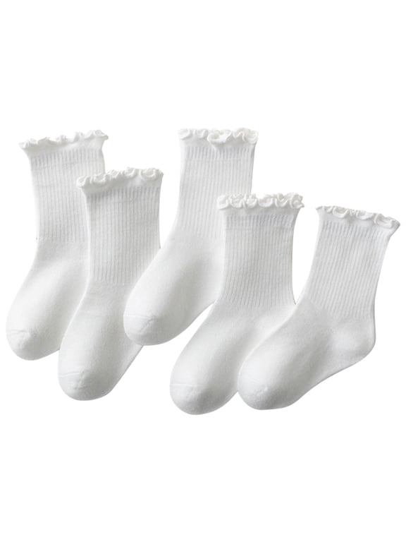 5 Pairs Girls Ruffle Socks Toddler Cotton Frilly Turn-Cuff Cotton Crew Socks Solid Color Soft Breathable Casual Dress Socks 1-12 Years