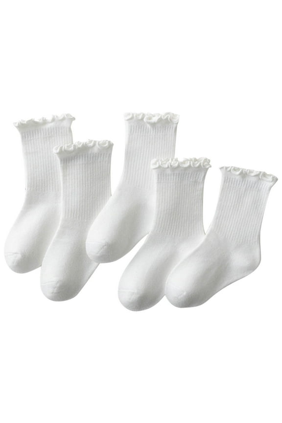 5 Pairs Girls Ruffle Socks Toddler Cotton Frilly Turn-Cuff Cotton Crew Socks Solid Color Soft Breathable Casual Dress Socks 1-12 Years