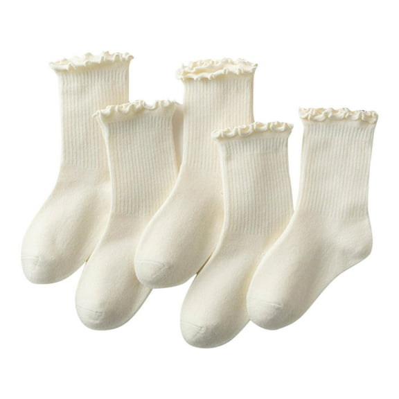 OGLCCG 5 Pairs Girls Ruffle Socks Toddler Cotton Frilly Turn-Cuff Cotton Crew Socks Solid Color Soft Breathable Casual Dress Socks 1-12 Years