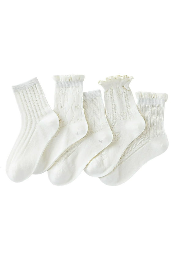 5 Pairs Toddler Baby Girls Mesh Thin Socks Summer Ruffle Cotton Soft High Cut Dress Crew Socks Pointelle Eyelet Socks for 1-12 Years