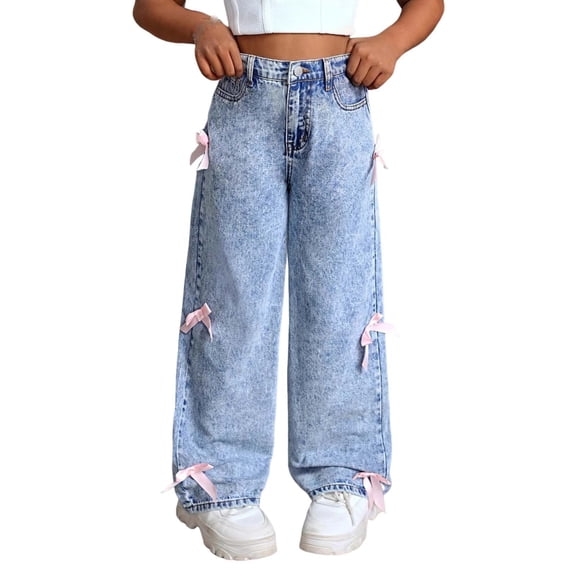 OGLCCG Baggy Jeans for Girls Teens Cute Bow High Waisted Wide Leg Denim Pants with Pockets Trendy Y2K Boyfriend Streetwear Trousers 6-13 Years