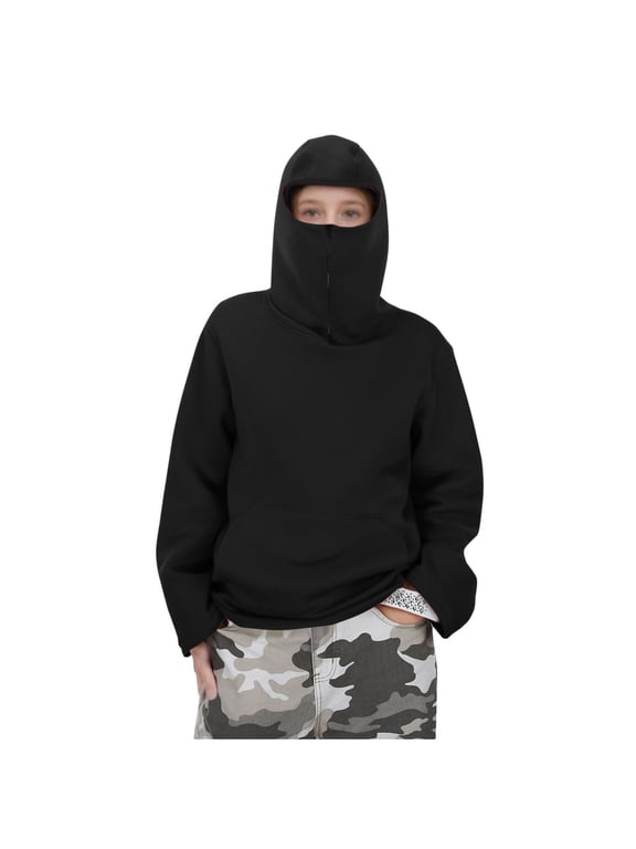 Balaclava Hoodie for Kids Zip Face Mask Long Sleeve Fleece Hooded Sweatshirt Fall Winter Soft Warm Pullover Tops For Girls Boys 3-15 Years