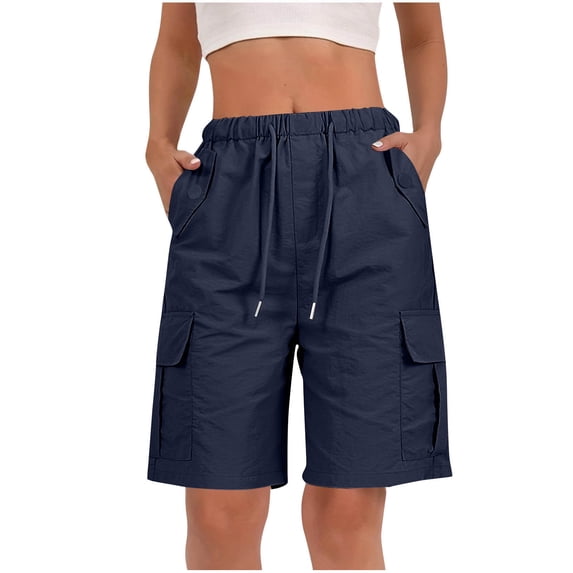 OGLCCG Bermuda Shorts for Women Summer Wide Leg Cargo Shorts with Pockets Outdoor Elastic Waist Drawstring Knee Length Hiking Short,L,Navy