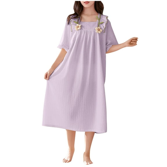 OGLCCG Big Girls Nightgowns Short Sleeve Vintage Princess Night Gown Dress Loose Fit Summer Soft Cotton Sleepwear Nightdress 4-18 Years