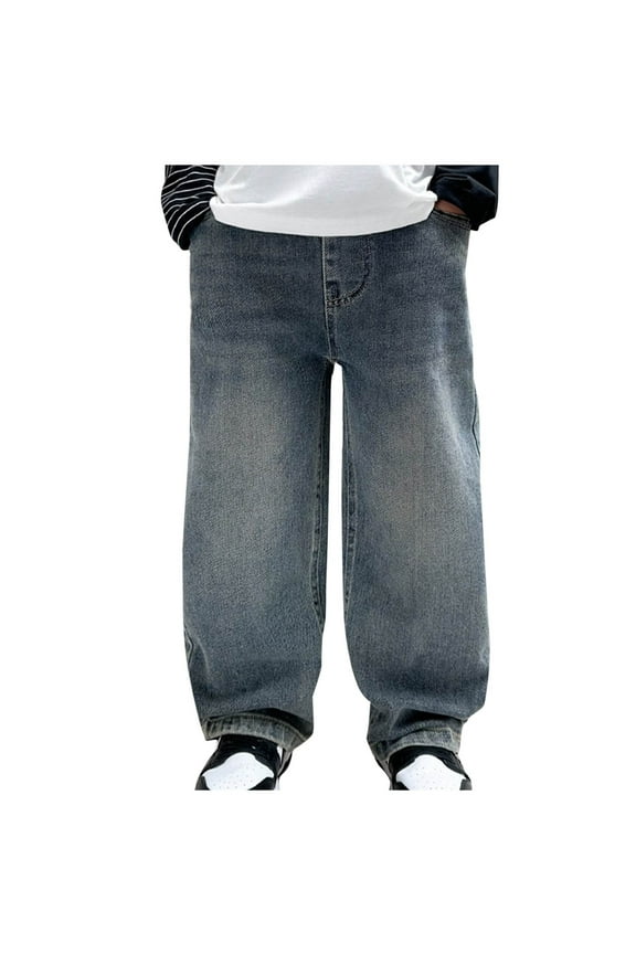 Boy's Casual Straight Leg Jeans Elastic Waist Loose Fit Denim Pants with Pockets Lightweight Baggy Jean Pants Size 5-15 Years