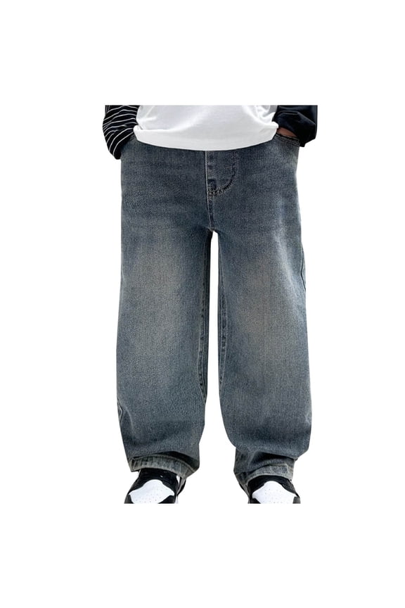 Boy's Casual Straight Leg Jeans Elastic Waist Loose Fit Denim Pants with Pockets Lightweight Baggy Jean Pants Size 5-15 Years