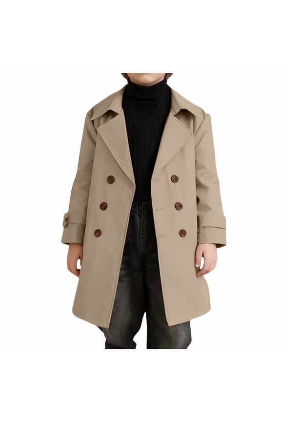 Boy's Double Breasted Trench Coat Oversized Classic Lapel Button Front Windbreaker Casual Long Sleeve Overcoat with Pockets 2-15 Years