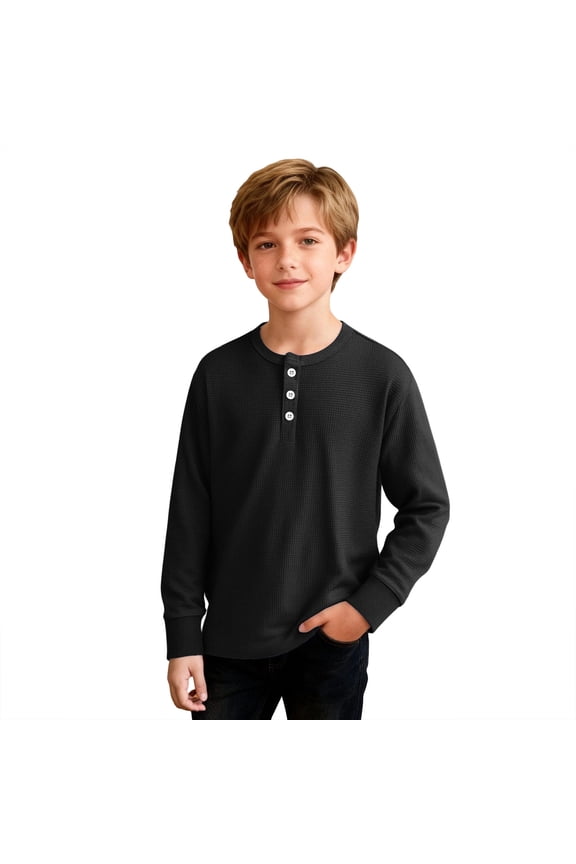 Boy's Henley Long Sleeve Shirts Crewneck Button Up Waffle T-Shirt Solid Color Spring Summer Lightweight Sweatshirt for School 4-14 Years