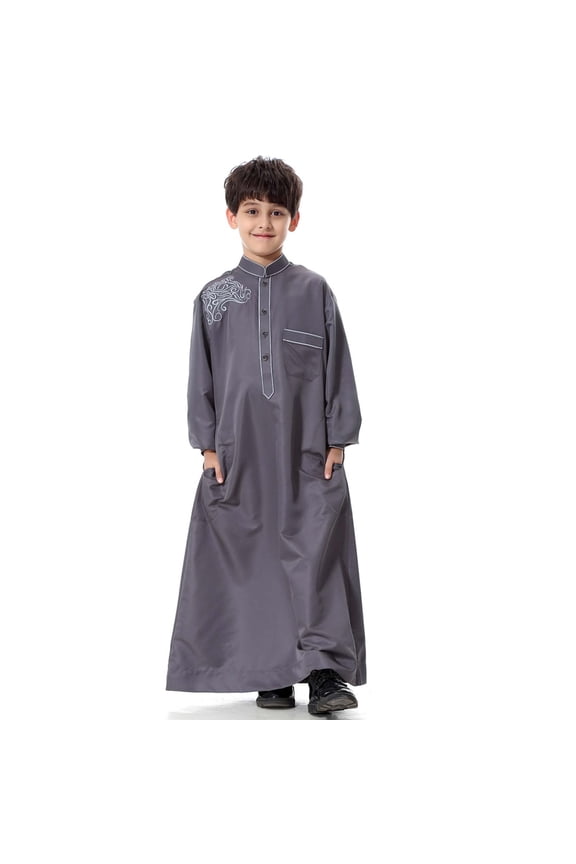 Boy's Muslim Arab Solid Color Thobe Long Sleeve Kaftan Embroidered Robe Islamic Arabic Abaya Thobe
