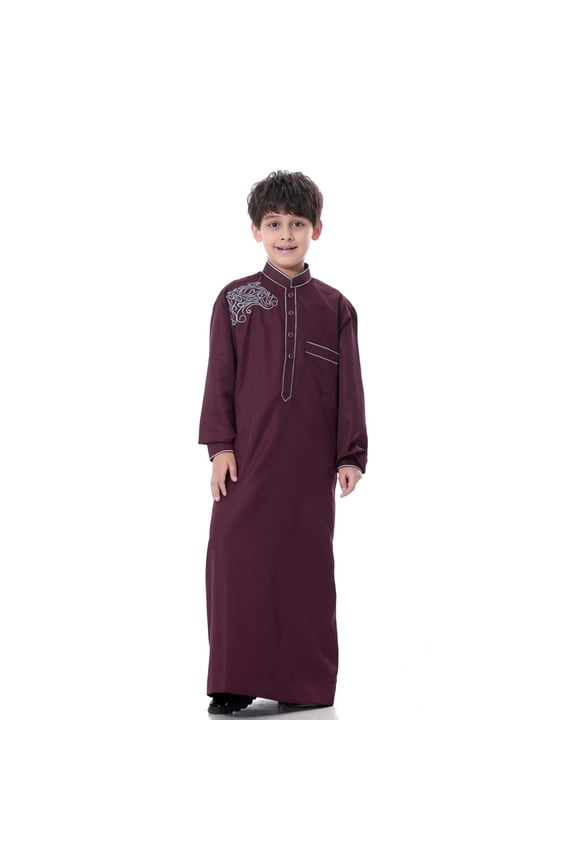 Boy's Muslim Arab Solid Color Thobe Long Sleeve Kaftan Embroidered Robe Islamic Arabic Abaya Thobe
