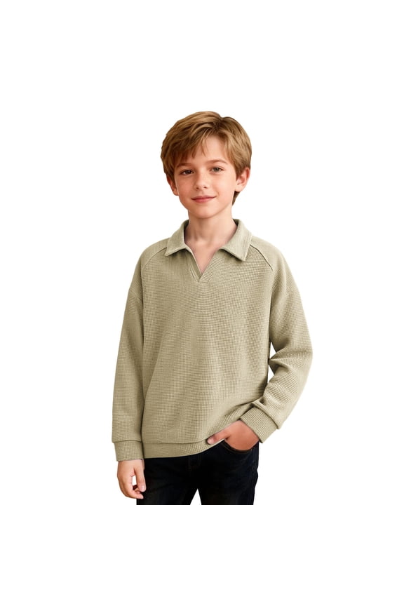 Boy's Waffle Long Sleeve Shirt Loose Fit V Neck Henley Shirts Casual Lightweight Solid Color Collared School Tshirts 4-14 Years