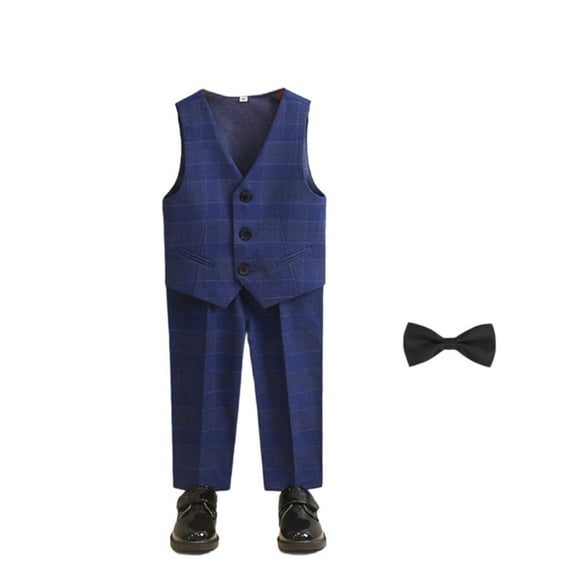 OGLCCG Boys' 3-Piece Formal Vest Suit Set V Neck Sleeveless Button Down Vest with Pants and Bowtie Fashion Plaid Dresswear Suit Set 1-12 Years