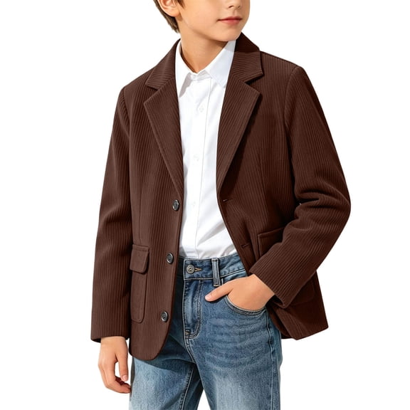OGLCCG Boys Blazer Jacket Corduroy Retro Formal Suit Jacket with Pockets Lightweight Kids Sport Coat for School(Brown,11-12 Years)