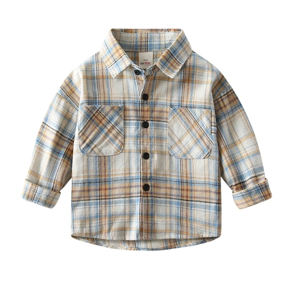 OGLCCG Boys Button Down Shirt Casual Cotton Long Sleeve Plaid Shirts Kids Lightweight Classic Collared Dress Shirts with Pockets 2-10 Years