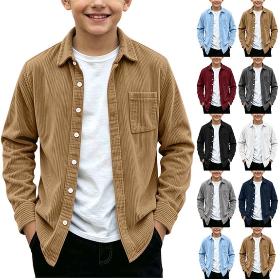 OGLCCG Boys Button Down Shirts, Casual Fall Winter Corduroy Collared Long Sleeve Shirts, Lightweight Uniform Shirt Jacket(Navy,6-7 Years)