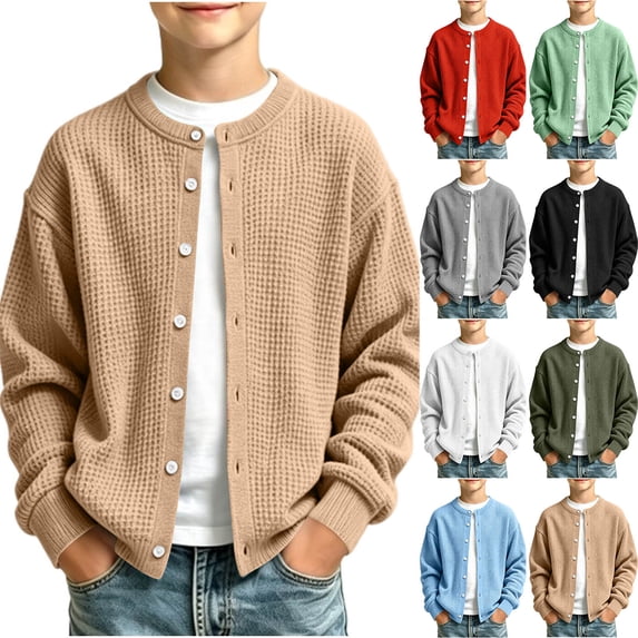 OGLCCG Boys Cardigan Sweater School Uniforms Waffle Knit Button down Crew Neck Long Sleeve Sweaters Casual Outwear Size 15-16