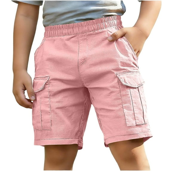 OGLCCG Boys Cargo Shorts Elastic Waist Cotton Linen Baggy Beach Shorts with Multi-Pocket Lightweight Summer Outdoor Athletic Shorts 5-15 Years