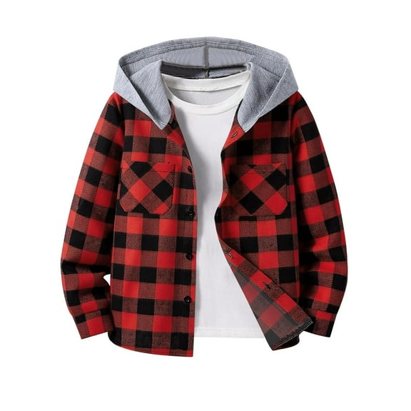 OGLCCG Boys Casual Plaid Shirt Jacket Fashion Long Sleeve Button Down Hooded Shirts Loose Lightweight Hooded Sweatshirt with Pockets 5-14 Years