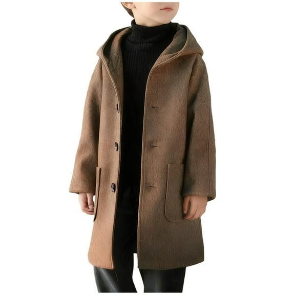 OGLCCG Boys Casual Trench Coat Kids Winter Single Breasted Long Jacket Trendy Long Sleeve Hooded Pea Coat with Pockets 4-14 Years