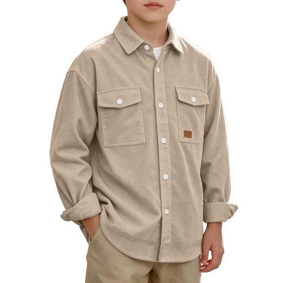 OGLCCG Boys Corduroy Shirts Kids Western Long Sleeve Botton Down Shirts Casual Fall Lapel Collared Shacket Jacket Size 4-14(Khaki,12 Years)