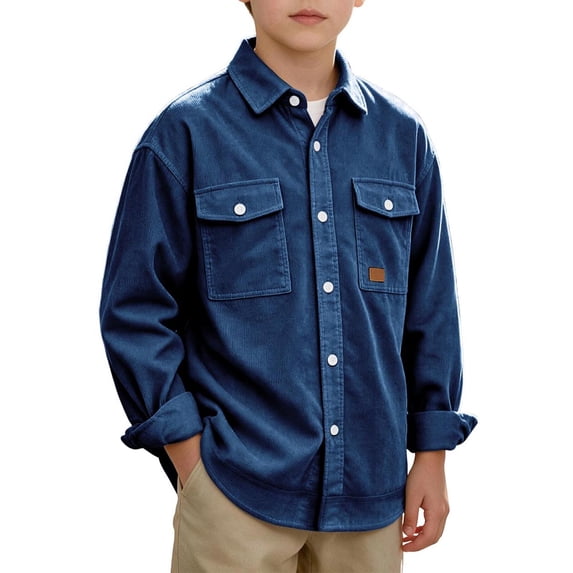 OGLCCG Boys Corduroy Shirts Kids Western Long Sleeve Botton Down Shirts Casual Fall Lapel Collared Shacket Jacket Size 4-14(Navy,12 Years)