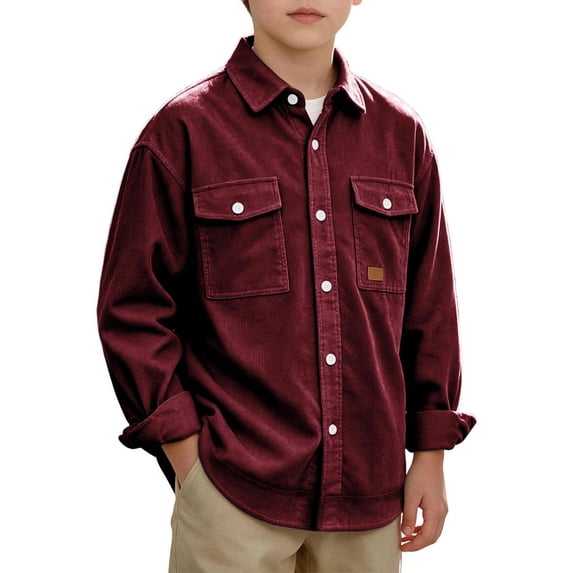 OGLCCG Boys Corduroy Shirts Kids Western Long Sleeve Botton Down Shirts Casual Fall Lapel Collared Shacket Jacket Size 4-14(Wine,10 Years)