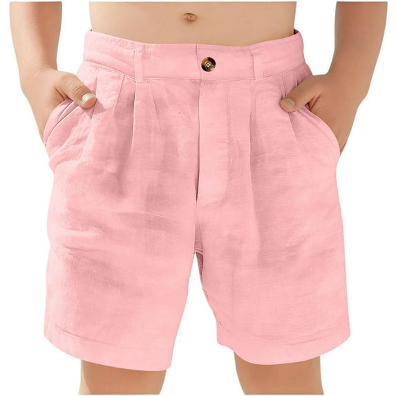 OGLCCG Boys Cotton Linen Shorts Casual High Waist Lightweight Breathable Summer Beach Shorts with Pockets Loose Straight Leg Dress Shorts 5-15 Years