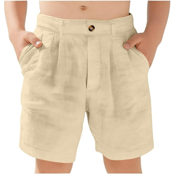 OGLCCG Boys Cotton Linen Shorts Casual High Waist Lightweight Breathable Summer Beach Shorts with Pockets Loose Straight Leg Dress Shorts 5-15 Years