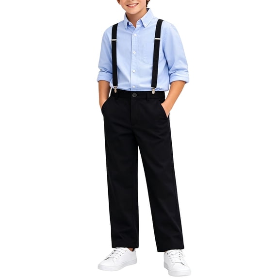 OGLCCG Boys Dress Pants for Wedding Teen Kids School Uniforms Pants with Suspenders Boys Flat Front Pants Suit Set Formal Suits Size 3-15