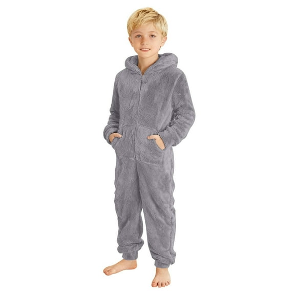 OGLCCG Boys Fleece Hooded Onesie Pajamas Kids Long Sleeve Zip-Front One Piece Fuzzy Sleepwear Jumpsuit with Pockets Winter Warm Loungwear 4-14 Years