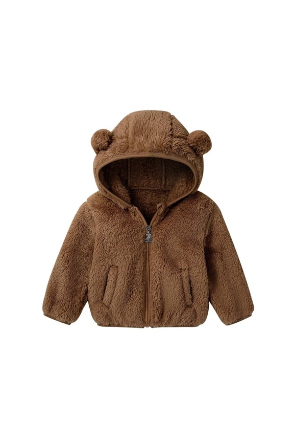 Boys Fleece Jacket with Hood Zip Up Cute Bear Ear Ultra Soft Sherpa Coats for Kids Funny WInter Warm Fuzzy Jacket with Pockets 6M-4T