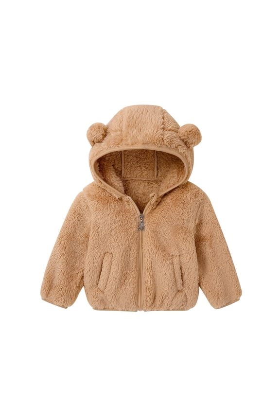 Boys Fleece Jacket with Hood Zip Up Cute Bear Ear Ultra Soft Sherpa Coats for Kids Funny WInter Warm Fuzzy Jacket with Pockets 6M-4T