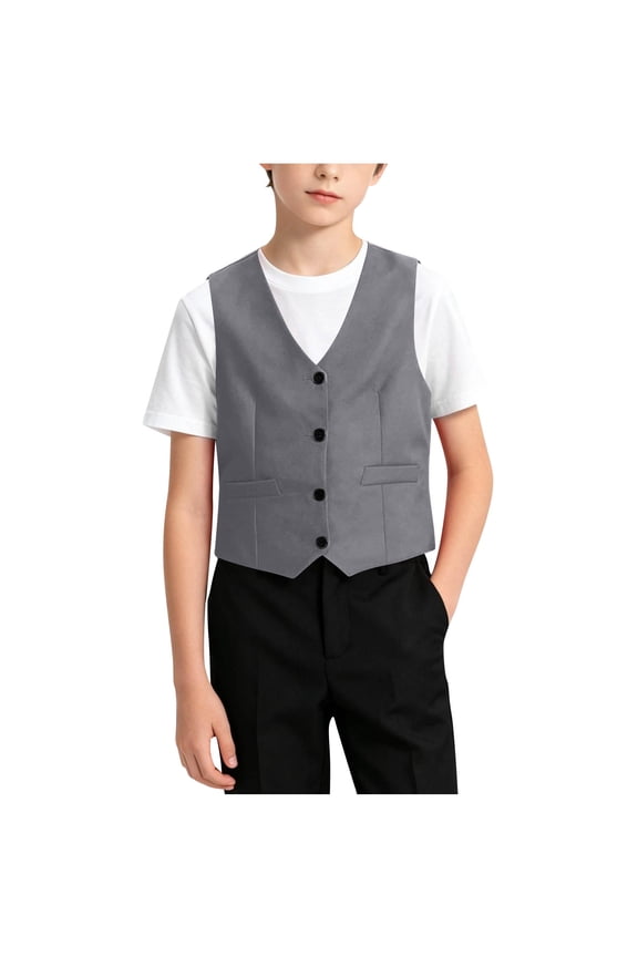 Boys Formal Suit Vest Sleeveless Blazer Jacket Button Down Dress Waistcoat with Pockets For Uniform School Party Prom Wedding 4-14 Years