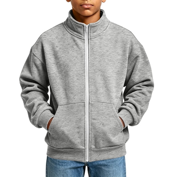 OGLCCG Boys Full Zip Fleece Hoodless Hoodies Mock Neck Sweatshirts Kids Fall Winter Zip Up Gym Track Jackets with Pockets Size 5-16(Gray,9-10 Years)