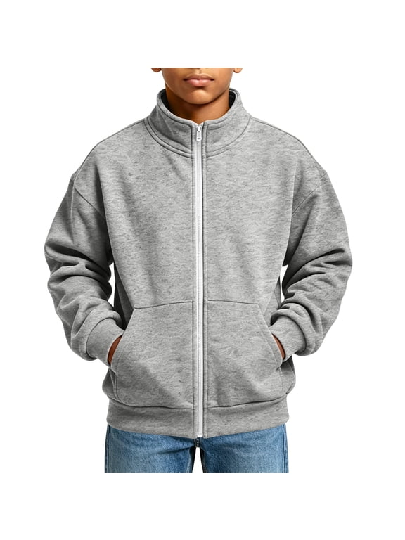 Boys Full Zip Fleece Hoodless Hoodies Mock Neck Sweatshirts Kids Fall Winter Zip Up Gym Track Jackets with Pockets Size 5-16(Gray,9-10 Years)