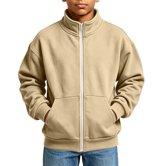 OGLCCG Boys Full Zip Fleece Hoodless Hoodies Mock Neck Sweatshirts Kids Fall Winter Zip Up Gym Track Jackets with Pockets Size 5-16(Khaki,5-6 Years)