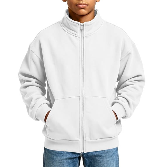 OGLCCG Boys Full Zip Fleece Hoodless Hoodies Mock Neck Sweatshirts Kids Fall Winter Zip Up Gym Track Jackets with Pockets Size 5-16(White,9-10 Years)