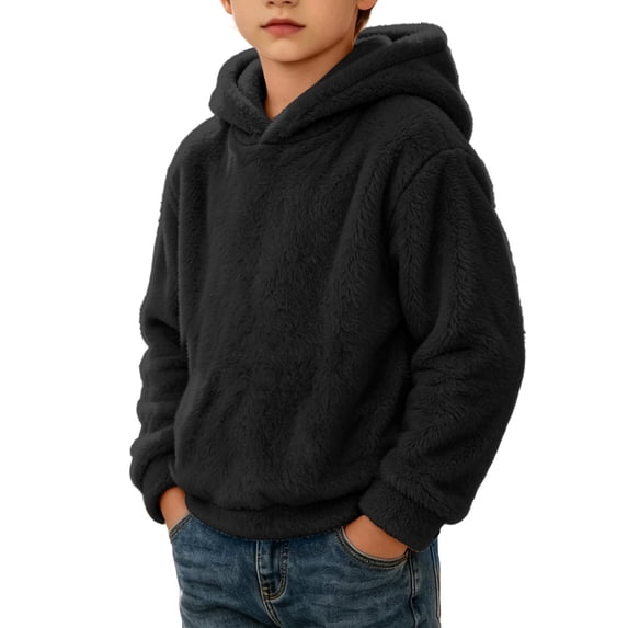 OGLCCG Boys Fuzzy Fleece Hoodies Sherpa Pullover Sweatshirts with Pockets Winter Warm Long Sleeve Tops(Black,9-10 Years)