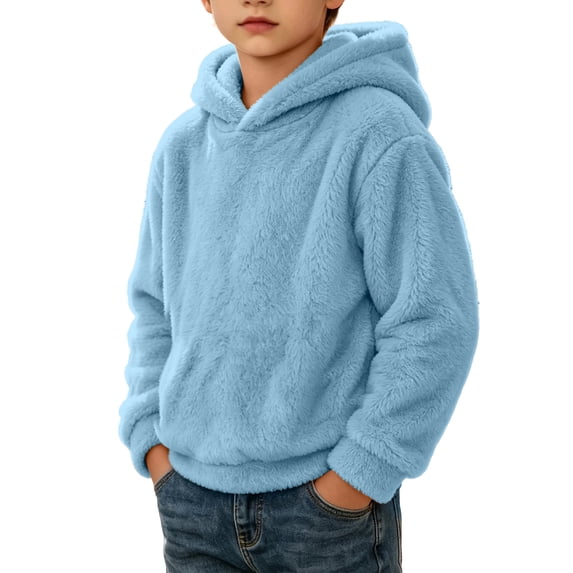 OGLCCG Boys Fuzzy Fleece Hoodies Sherpa Pullover Sweatshirts with Pockets Winter Warm Long Sleeve Tops(Sky Blue,9-10 Years)