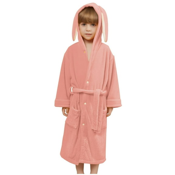 OGLCCG Boys Girls Flannle Hooded Robes Long Sleeve Plush Soft Fuzzy Bathrobe for Kids Solid Color Spa Robes Sleepwear 3-8 Years