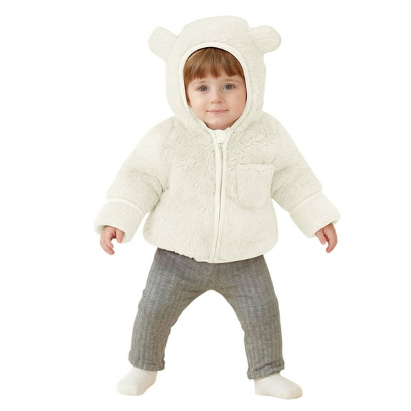 OGLCCG Boys Girls Hooded Jacket Zip-up Bear Ear Fuzzy Fleece Hooded Coats Solid Color Winter Warm Sherpa Coat with Pockets 6M-4T