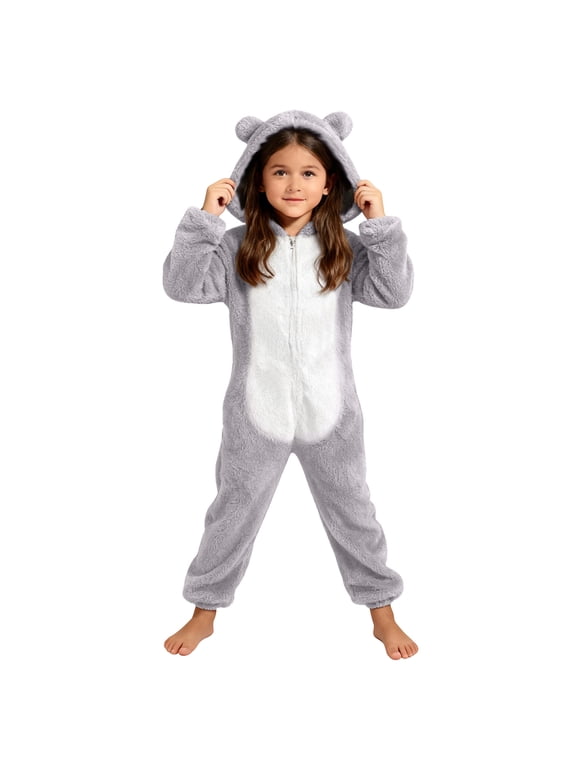 Boys Girls Sherpa Fleece Onesie Hooded Jumpsuit Fuzzy Winter Warm Long Sleeve Zipper One Piece Romper(Gray,9-10 Years)