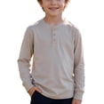 thumbnail image 1 of OGLCCG Boys Henley Shirt Long Sleeve 3 Button Crewneck Fall Tees Casual Pullover Top for School(Beige,9-10 Years), 1 of 7