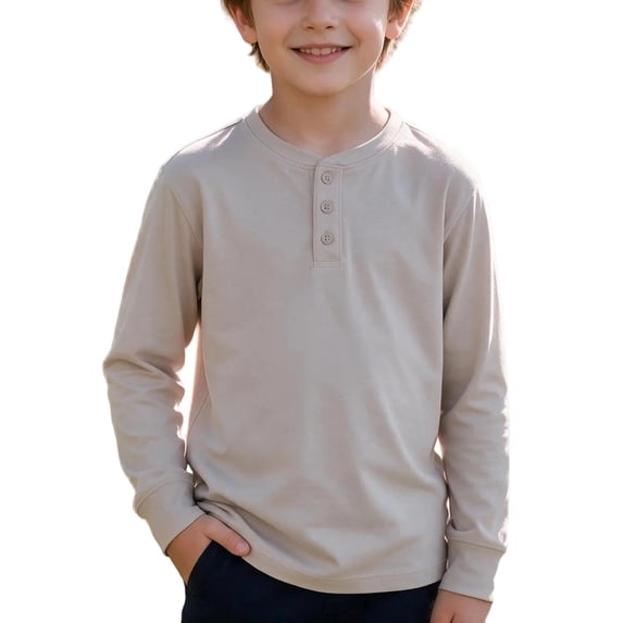 OGLCCG Boys Henley Shirt Long Sleeve 3 Button Crewneck Fall Tees Casual Pullover Top for School(Beige,9-10 Years)